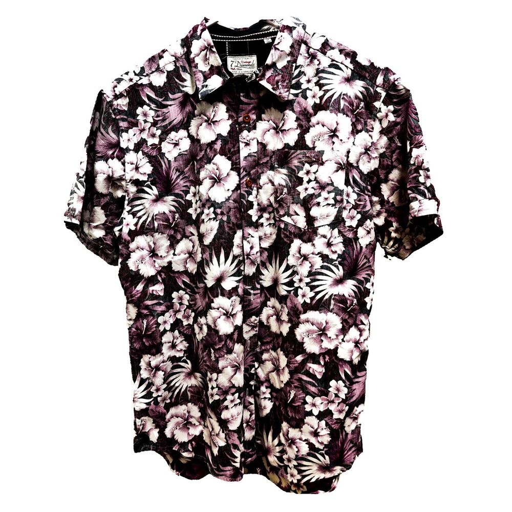7 Diamonds Vintage Floral Button-Down Shirt Plum Purple Tropical Men's Medium
